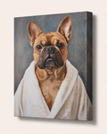 Canvas print of a dog wrapped in a blanket on a white background