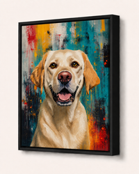 Framed painting of a dog with a colorful abstract background
