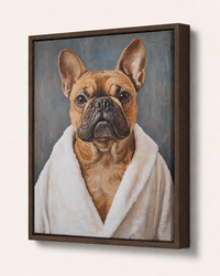 Framed painting of a dog wearing a white robe on a beige wall.