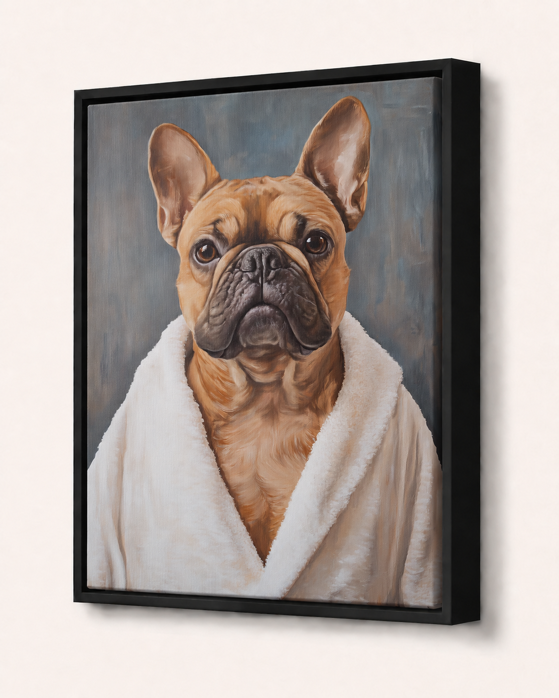 Framed painting of a dog wrapped in a robe on a white wall