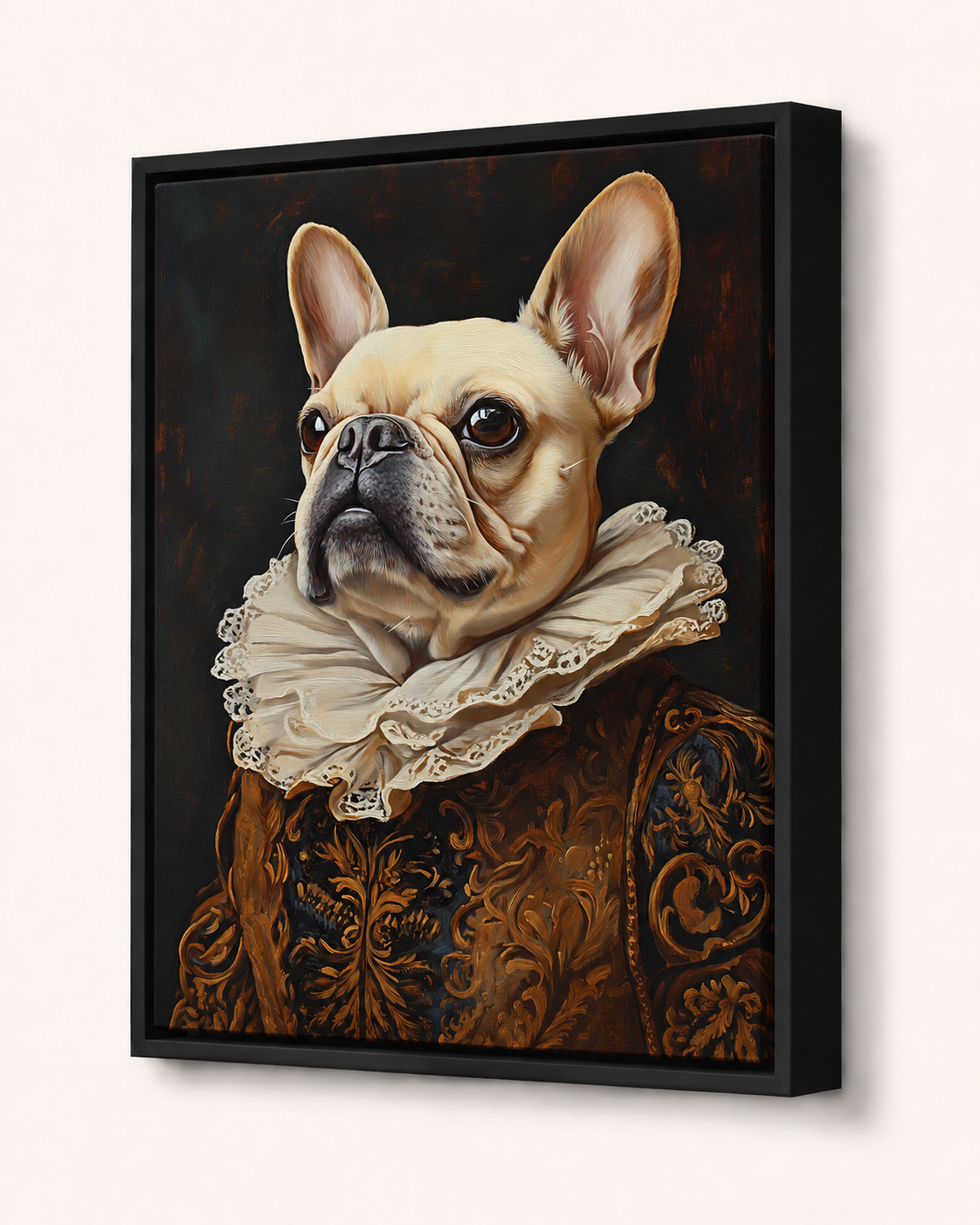 Framed artwork of a dog with a Renaissance-style portrait